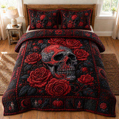 Crimson Rose Skull Gothic 3-Piece Quilted Bedding Set GFTOHNL886