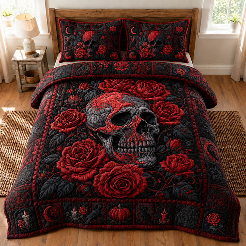 Crimson Rose Skull Gothic 3-Piece Quilted Bedding Set GFTOHNL886