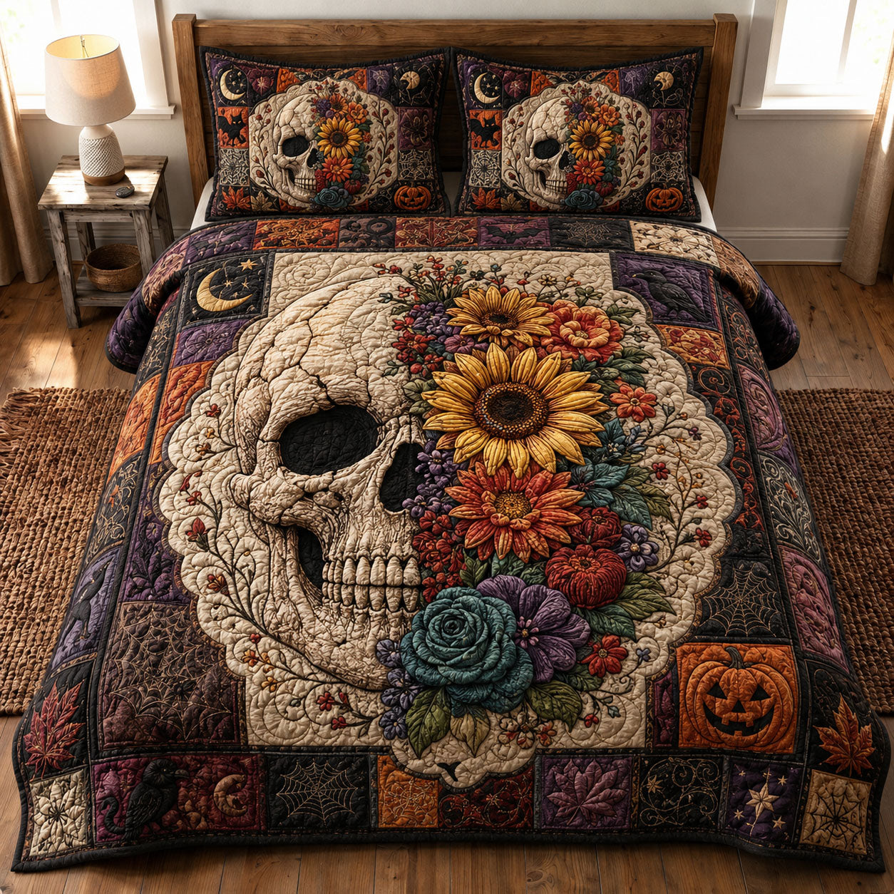 Autumn Floral Sugar Skull 3-Piece Quilted Bedding Set GFTOHNL887