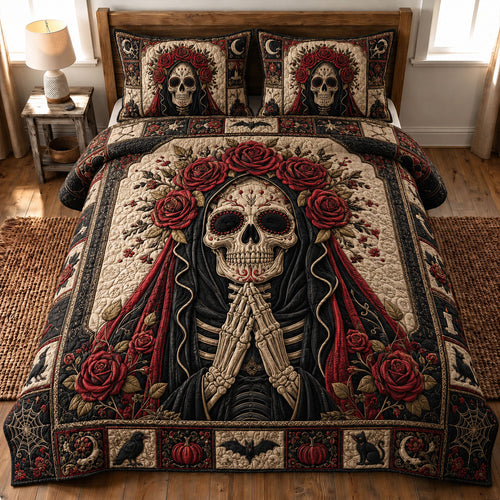 Prayerful Skeleton Rose Crown 3-Piece Quilted Bedding Set GFTOHNL888
