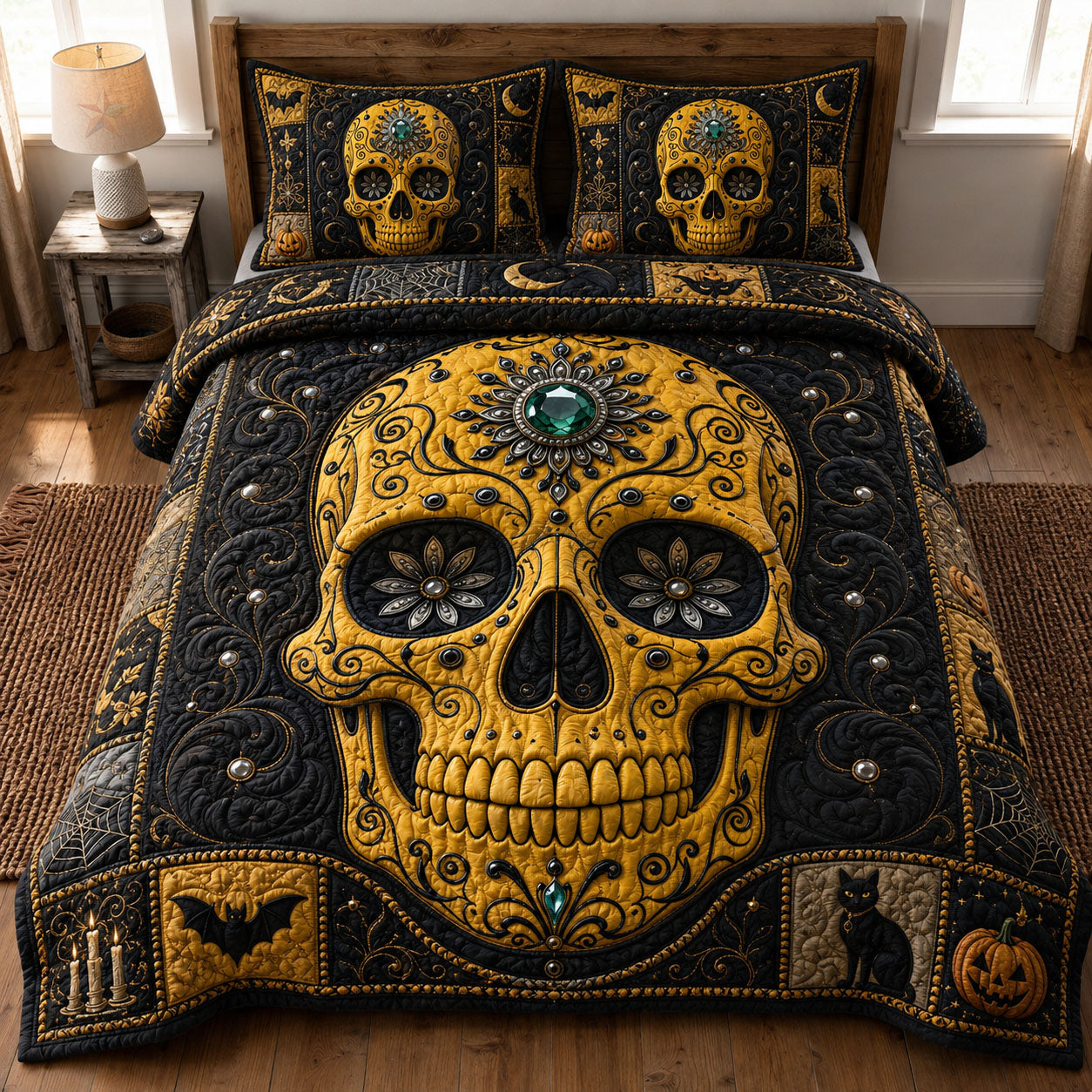 Golden Sugar Skull Halloween 3-Piece Quilted Bedding Set GFTOHNL889