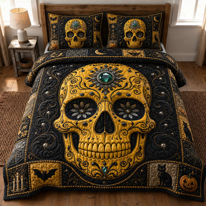 Golden Sugar Skull Halloween 3-Piece Quilted Bedding Set GFTOHNL889
