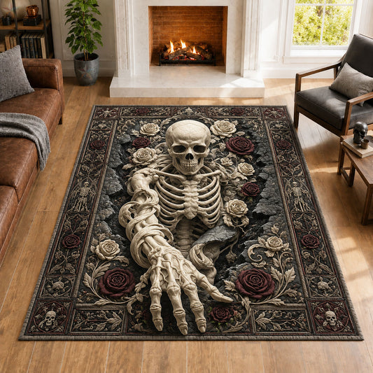 Gothic Skeleton Black Rose Halloween Area Rug GFTOHNL890