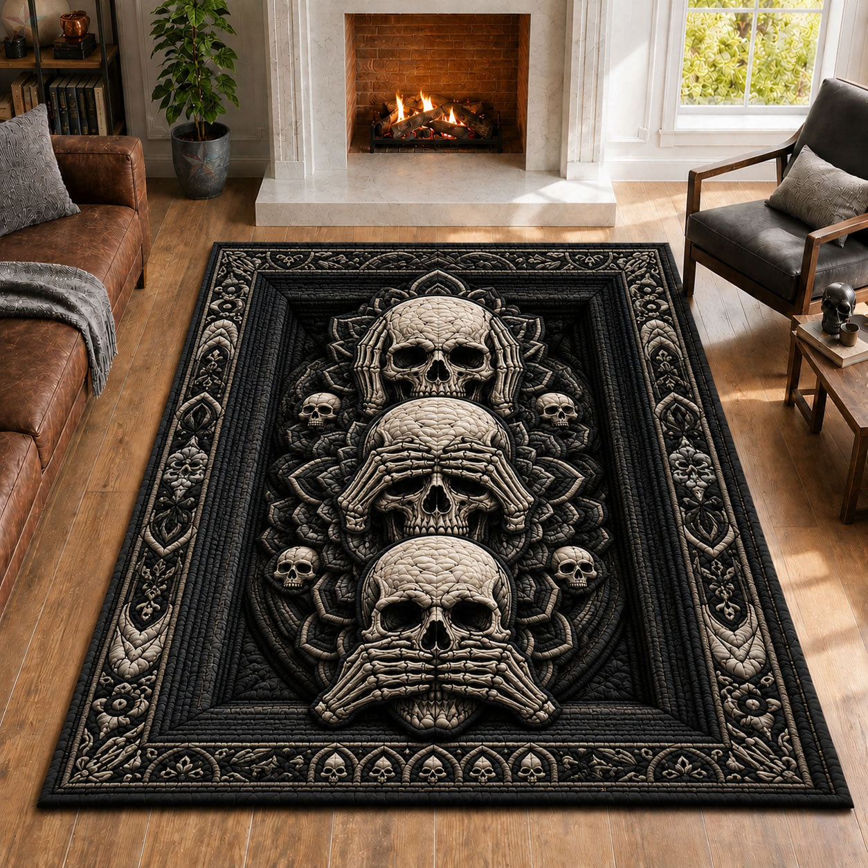 Three Wise Skulls Gothic Area Rug GFTOHNL896