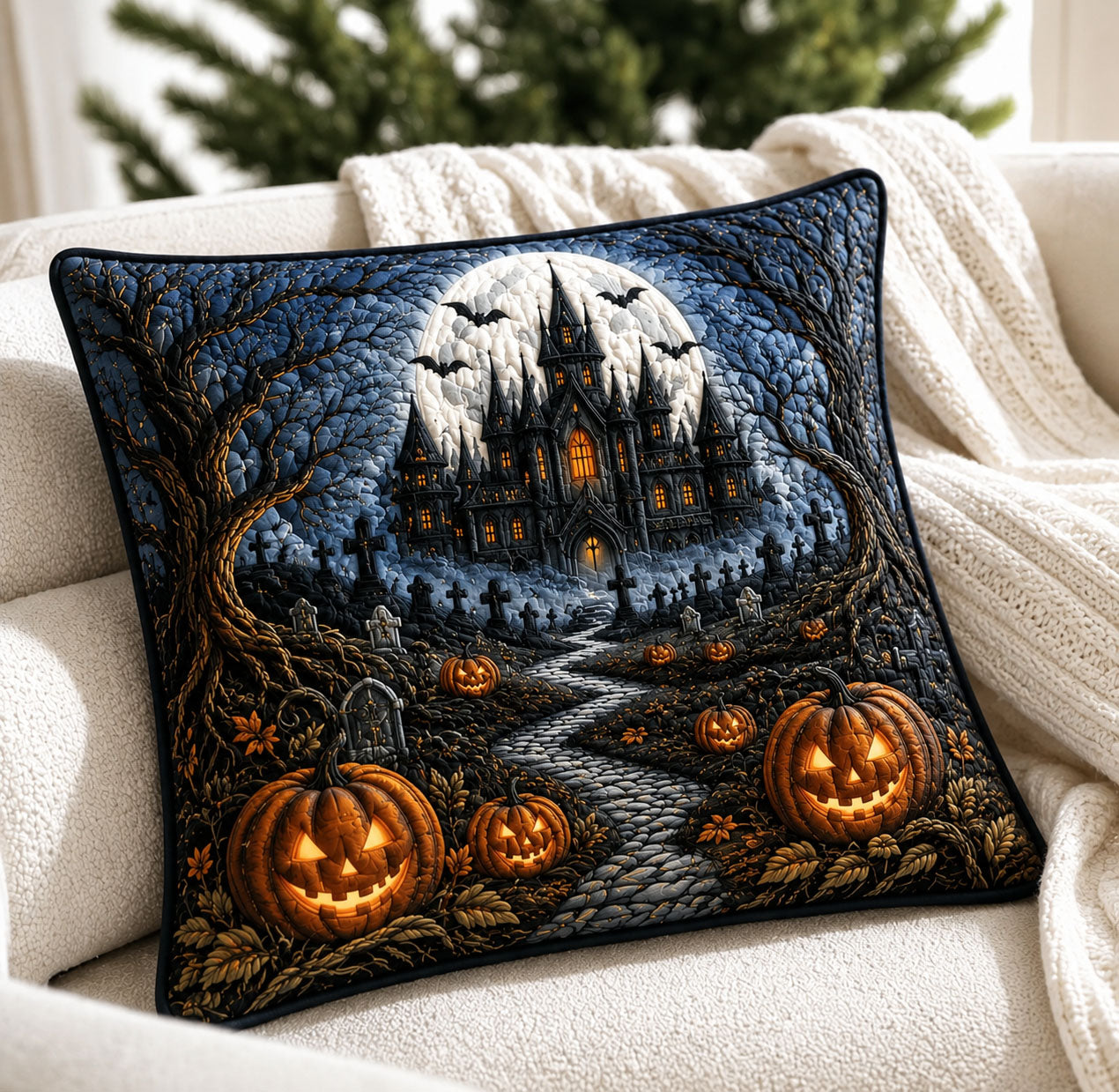 Haunted Castle Pumpkin Patch Moonlit Quilted Pillow Case GFTOHNL904 C1