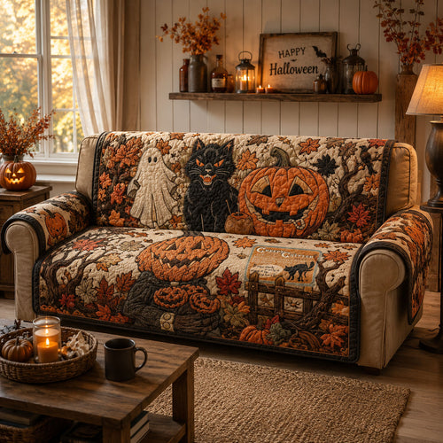 Vintage Pumpkin Cat Ghost Halloween Quilted Sofa Cover GFTOHNL905
