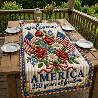 America 250th Flowers Flag Quilted Table Runner GFTOHNL93