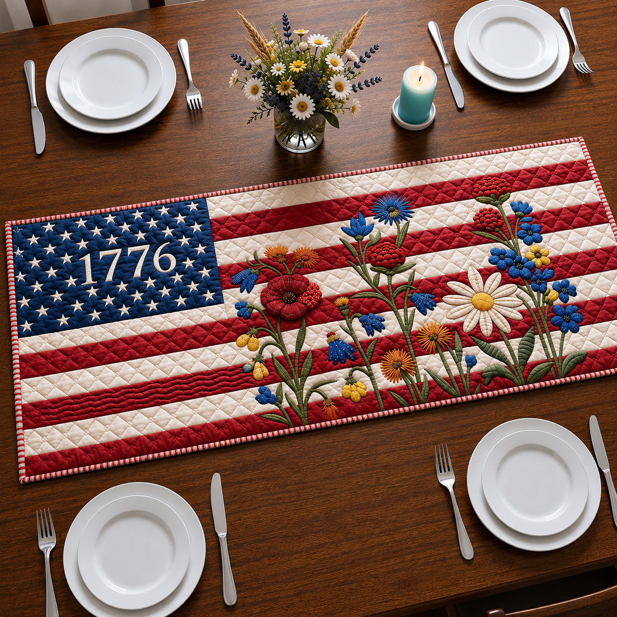 Classic America Flag Flowers Quilted Table Runner GFTOHNL94
