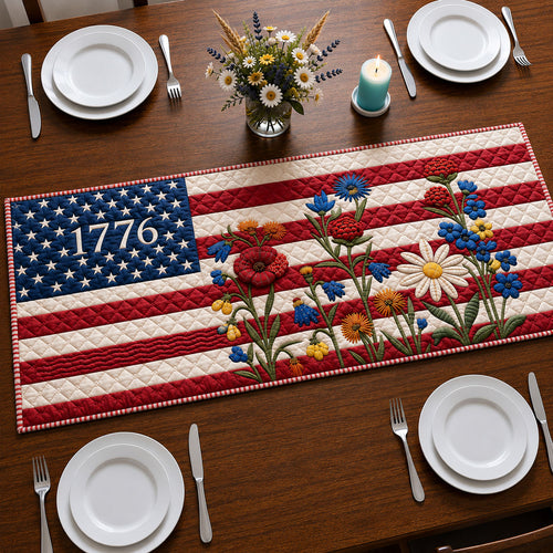 Classic America Flag Flowers Quilted Table Runner GFTOHNL94