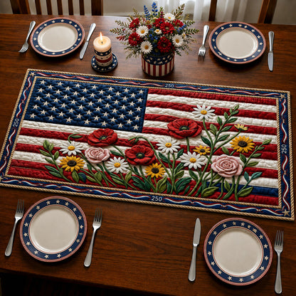 Classic America Flag Florals Quilted Table Runner GFTOHNL95