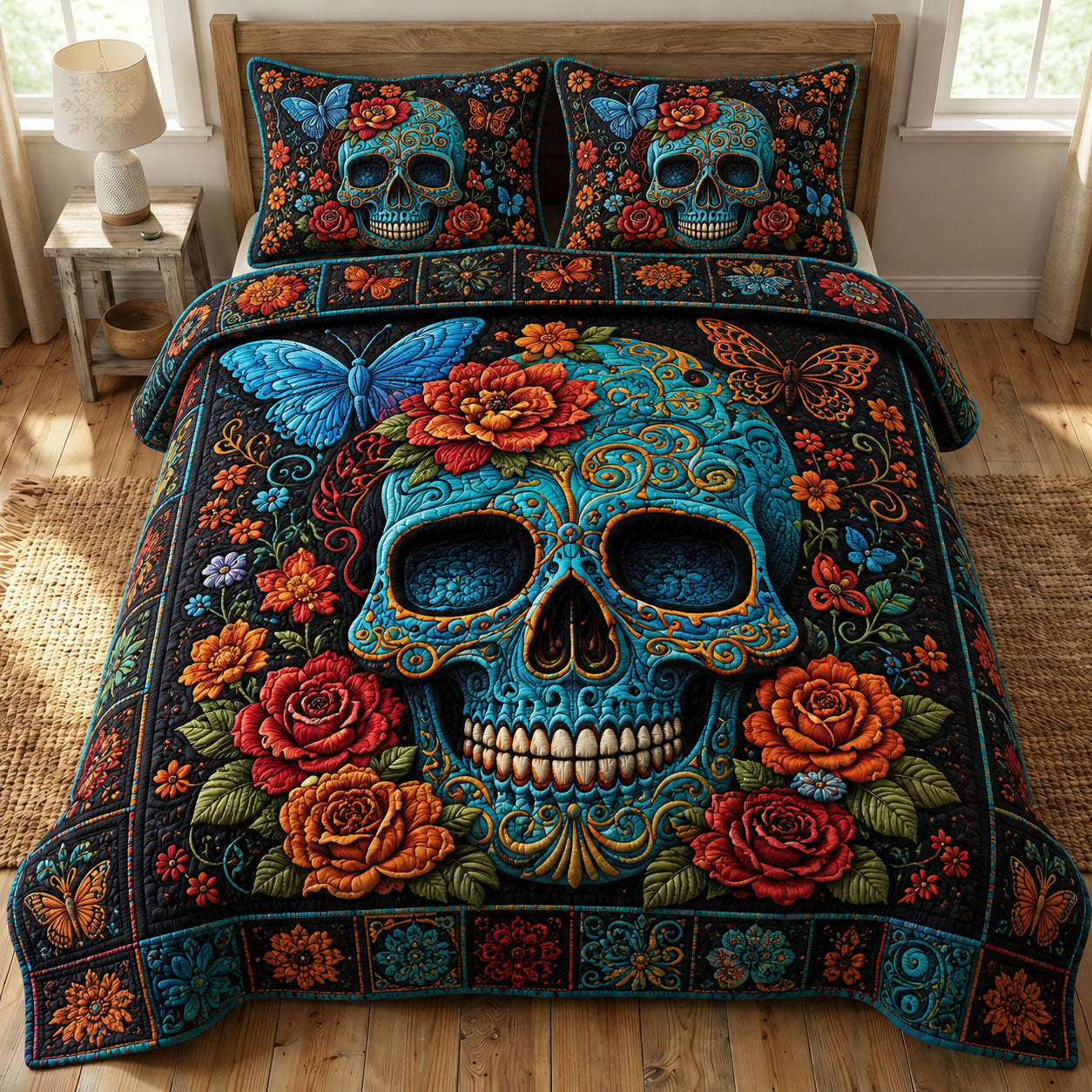 Turquoise Sugar Skull 3-Piece Quilted Bedding Set GFTOHNL962