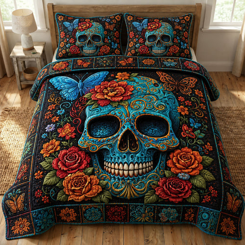 Turquoise Sugar Skull 3-Piece Quilted Bedding Set GFTOHNL962