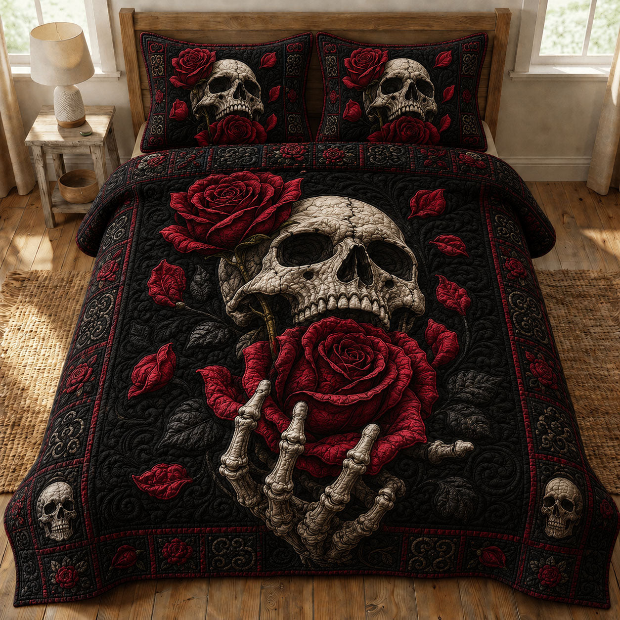 Crimson Rose Skull 3-Piece Quilted Bedding Set GFTOHNL964