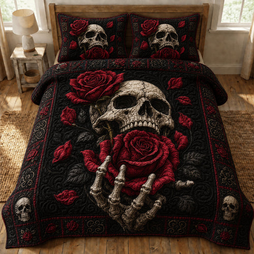 Crimson Rose Skull 3-Piece Quilted Bedding Set GFTOHNL964