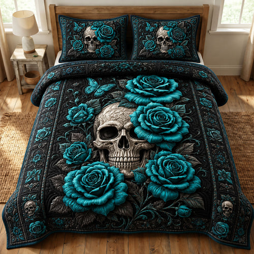 Teal Rose Requiem 3-Piece Quilted Bedding Set GFTOHNL965
