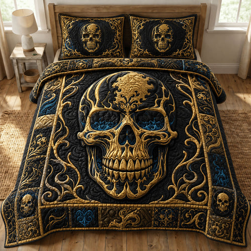 Golden Gothic Skull 3-Piece Quilted Bedding Set GFTOHNL966