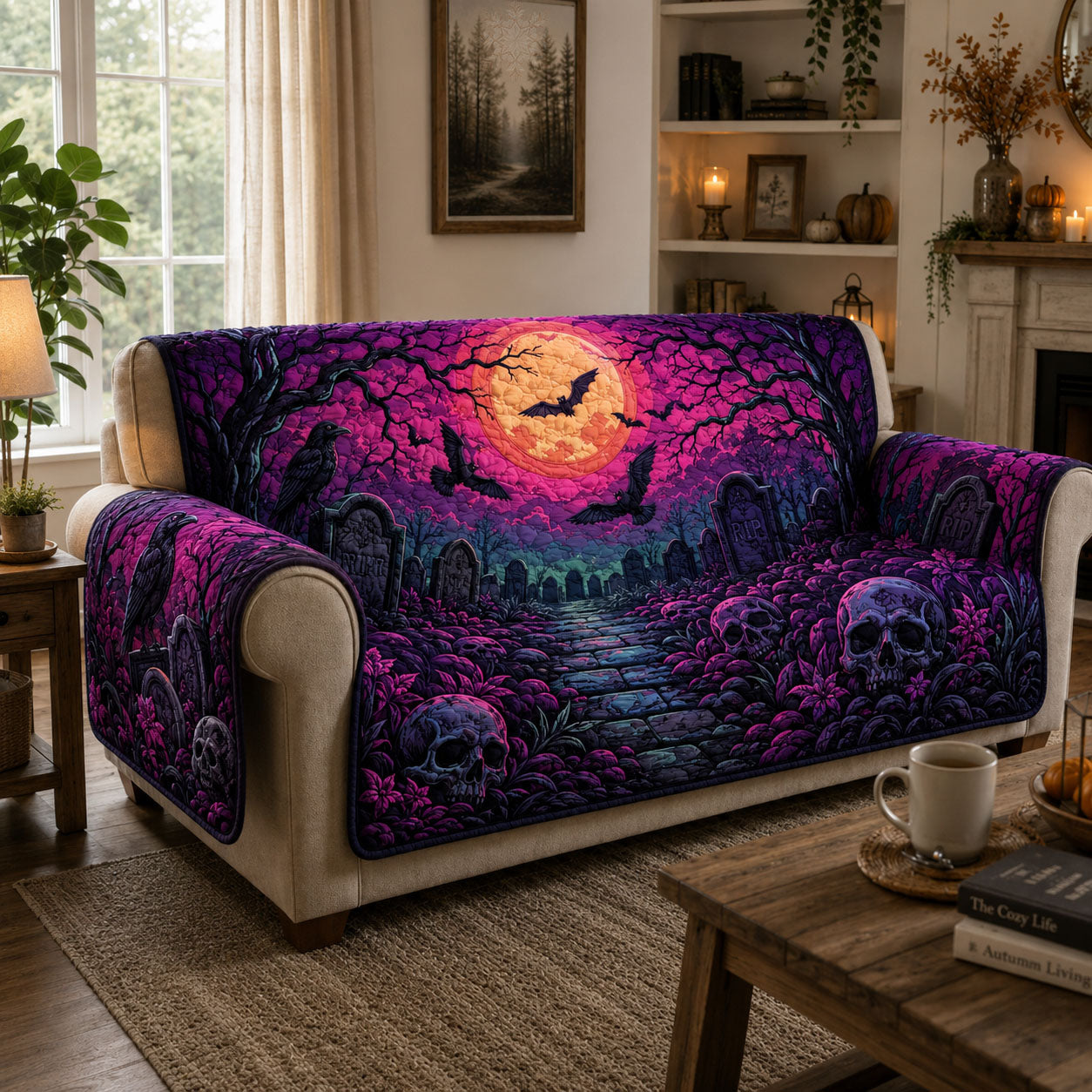 Violet Graveyard Moon Quilted Sofa Cover GFTOHNL969