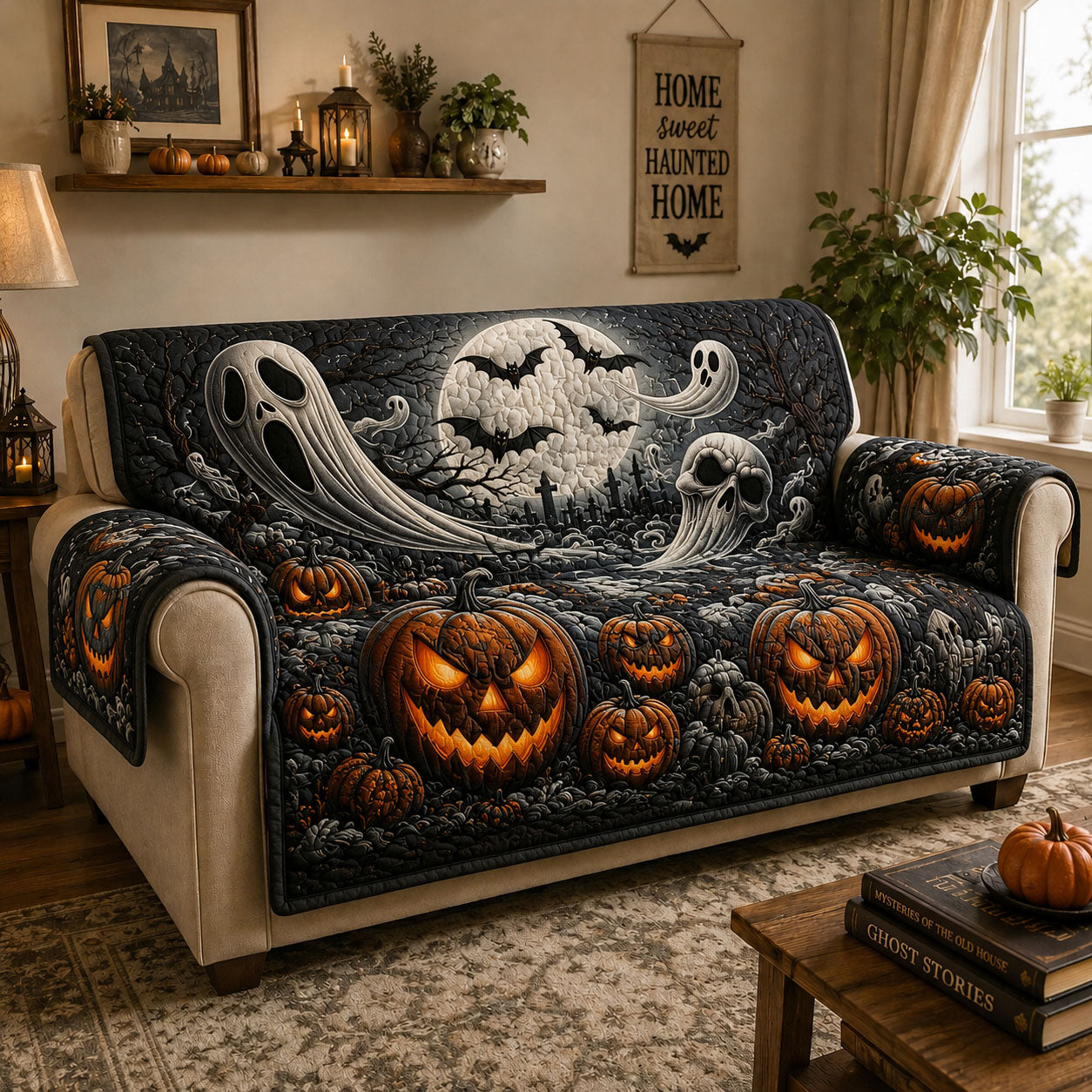 Ghostly Pumpkin Night Quilted Sofa Cover GFTOHNL972