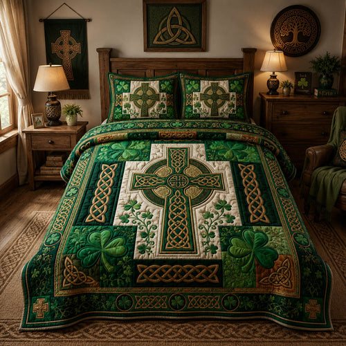 Celtic Cross Shamrock 3-Piece Quilted Bedding Set GFTOLAN1122