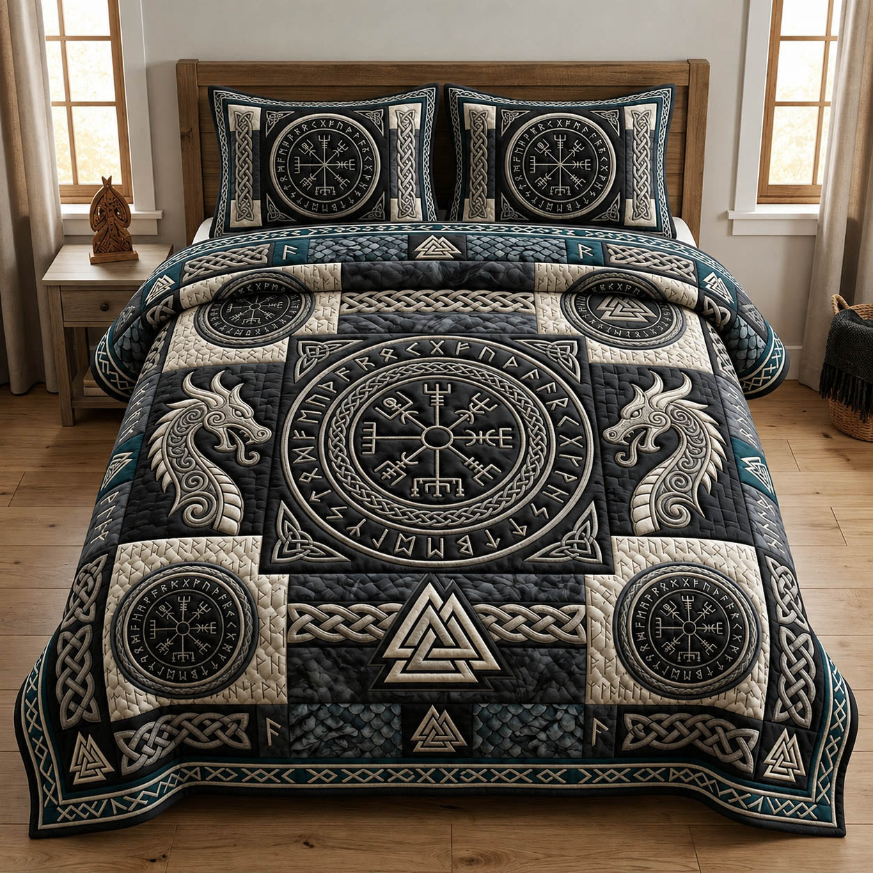 Norse Viking Dragon Runes 3-Piece Quilted Bedding Set GFTOLAN1266