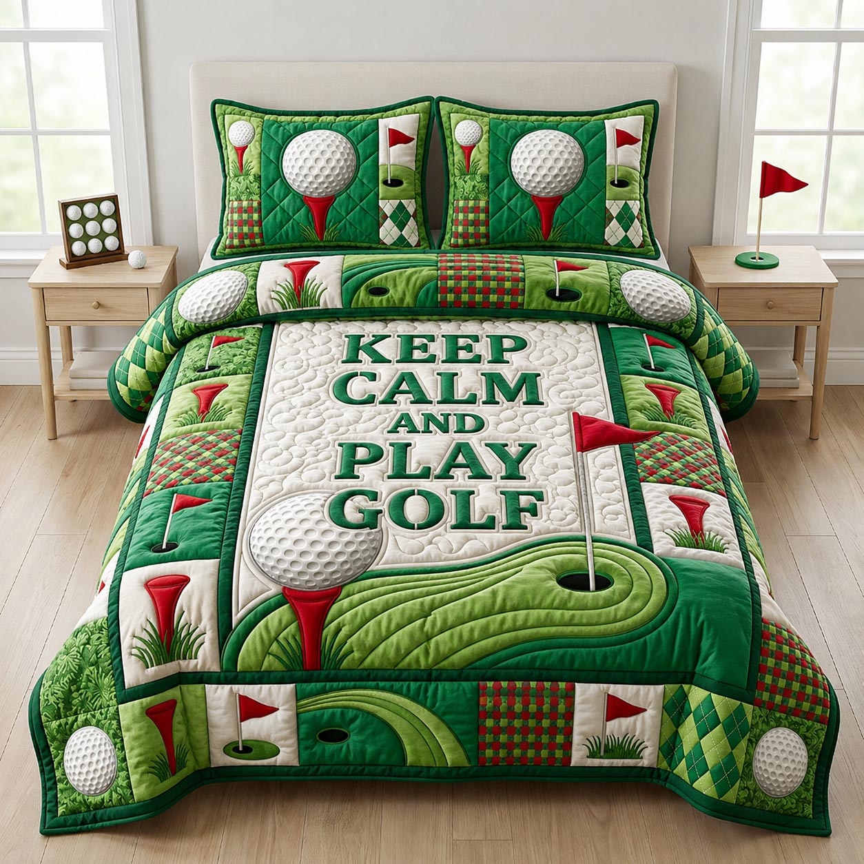 Keep Calm And Play Golf 3-Piece Quilted Bedding Set GFTOLAN1421