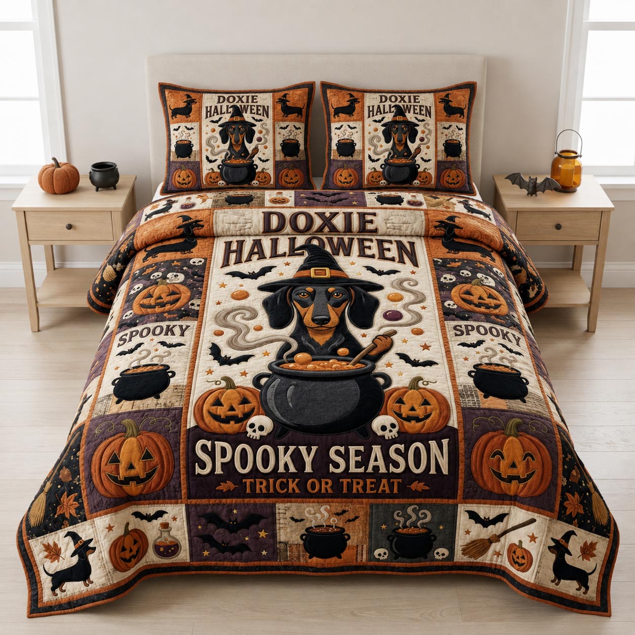 Doxie Halloween 3-Piece Quilted Bedding Set GFTOLAN1430