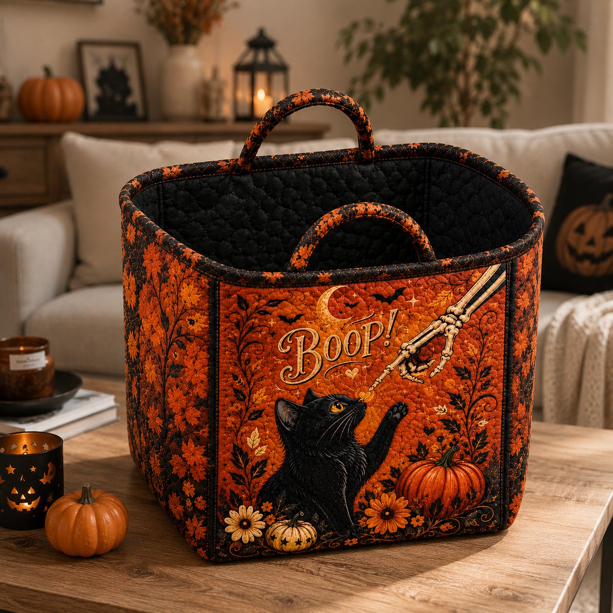 Black Cat Halloween Quilted Storage Basket GFTOLAN1456