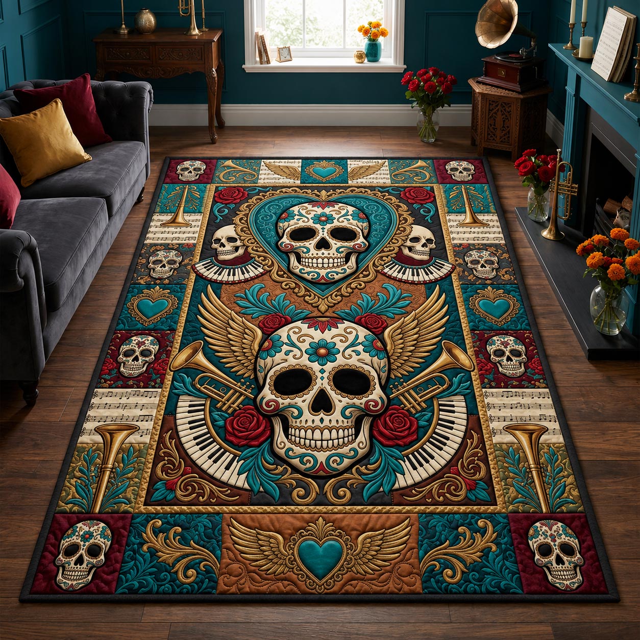Day Of The Dead Floral Sugar Skull Area Rug GFTOLAN1479