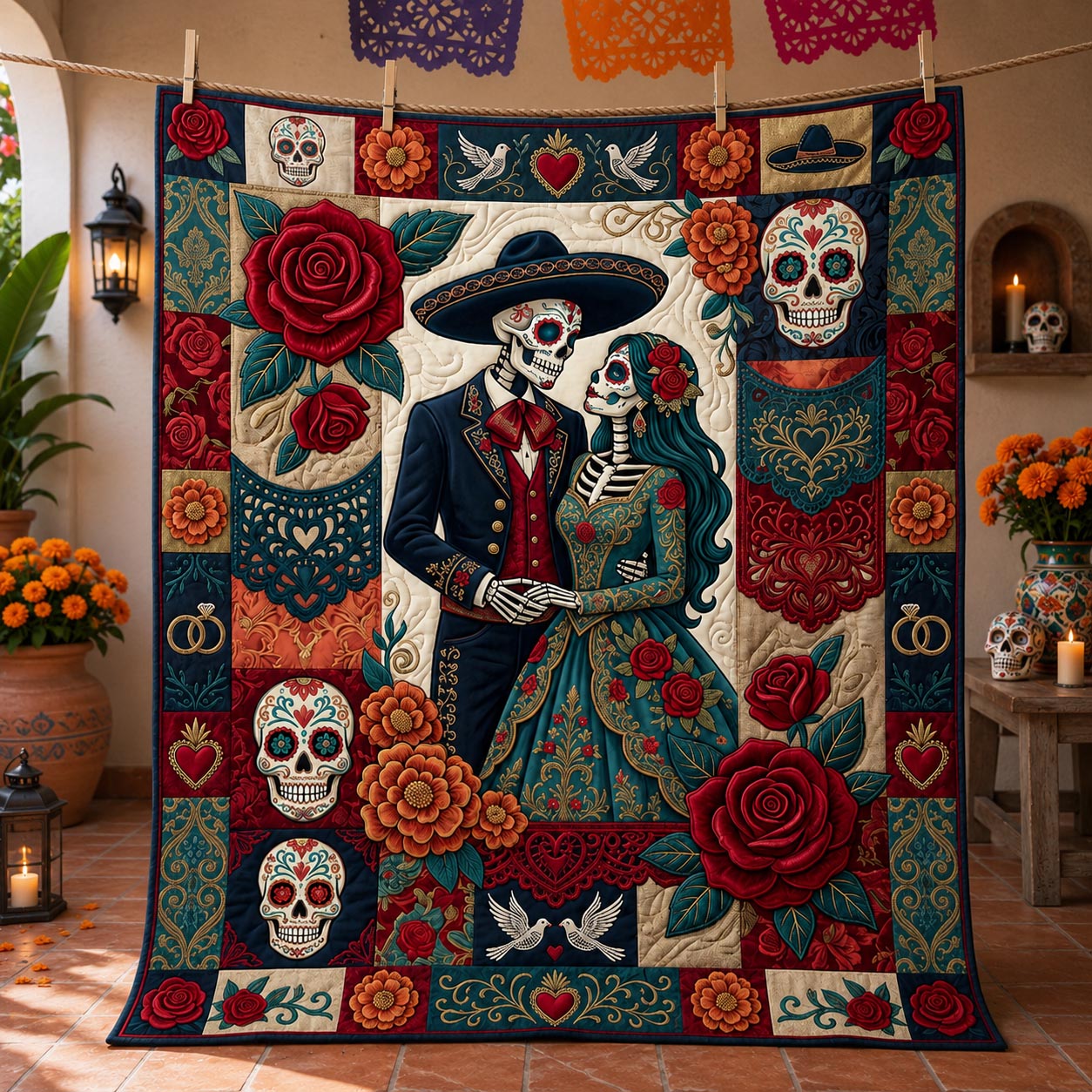 Day Of The Dead Skeleton Couple Quilted Blanket GFTOLAN1483