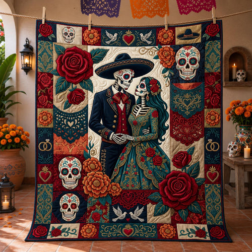 Day Of The Dead Skeleton Couple Quilted Blanket GFTOLAN1483