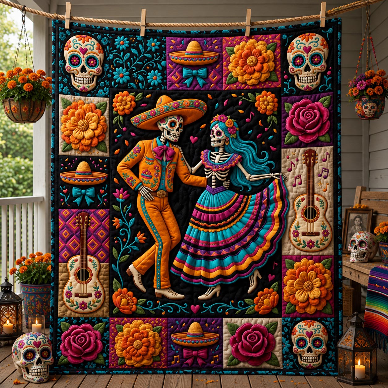 Day Of The Dead Skeleton Couple Quilted Blanket GFTOLAN1484
