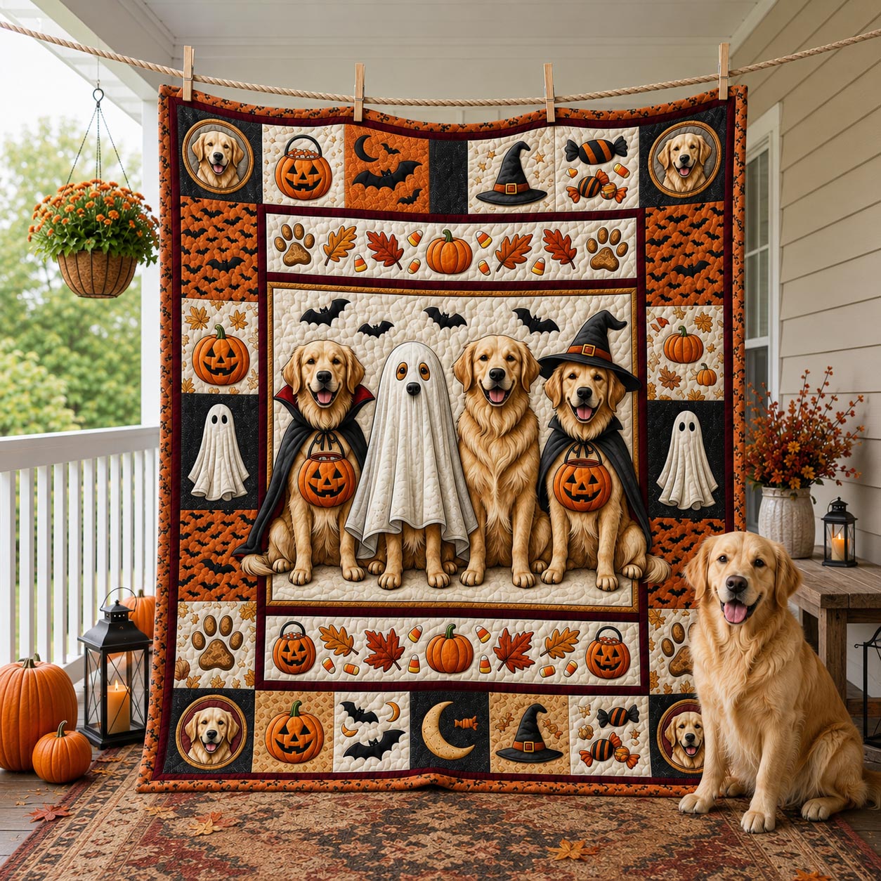 Golden Retriever Halloween Quilted Blanket GFTOLAN1503