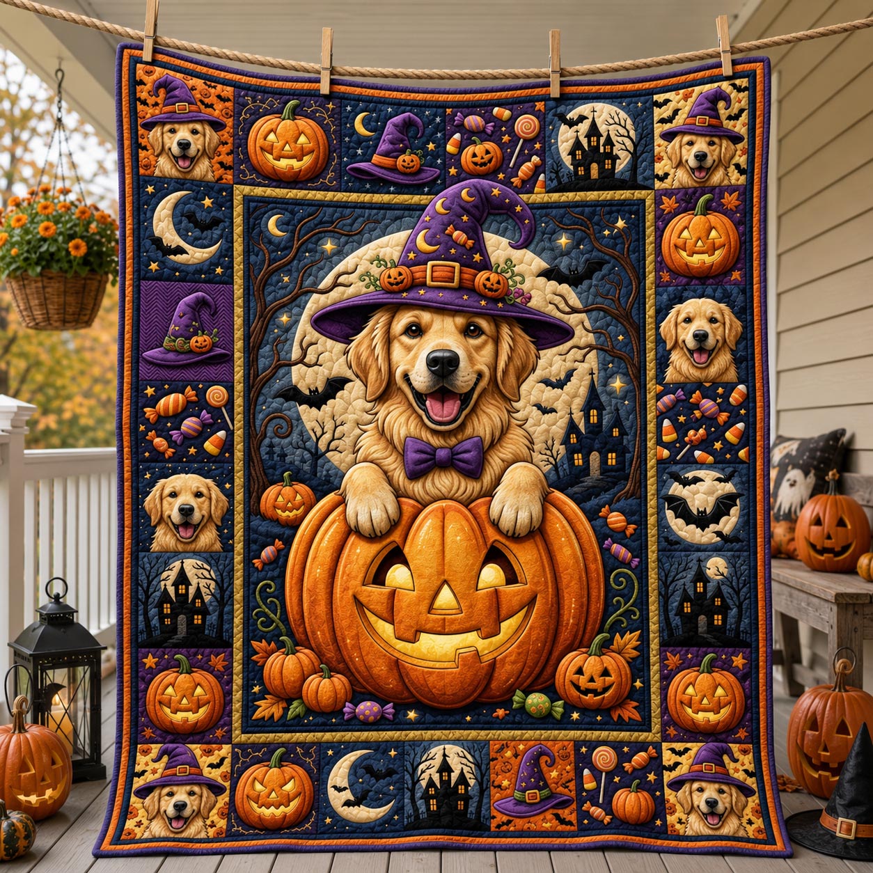 Witch Golden Retriever Pumpkin Quilted Blanket GFTOLAN1506