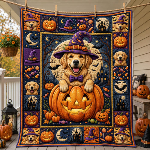 Witch Golden Retriever Pumpkin Quilted Blanket GFTOLAN1506