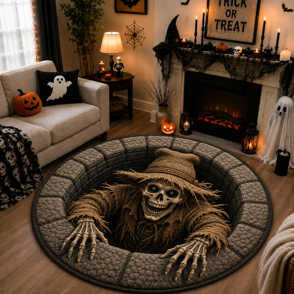 Haunted Scarecrow Skeleton Quilted Round Mat GFTOLAN1564