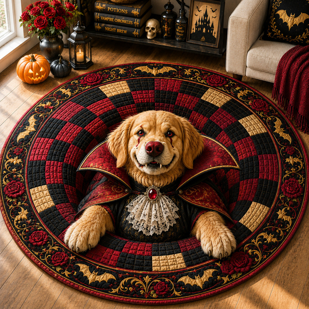 Vampire Golden Retriever Quilted Round Mat GFTOLAN1573