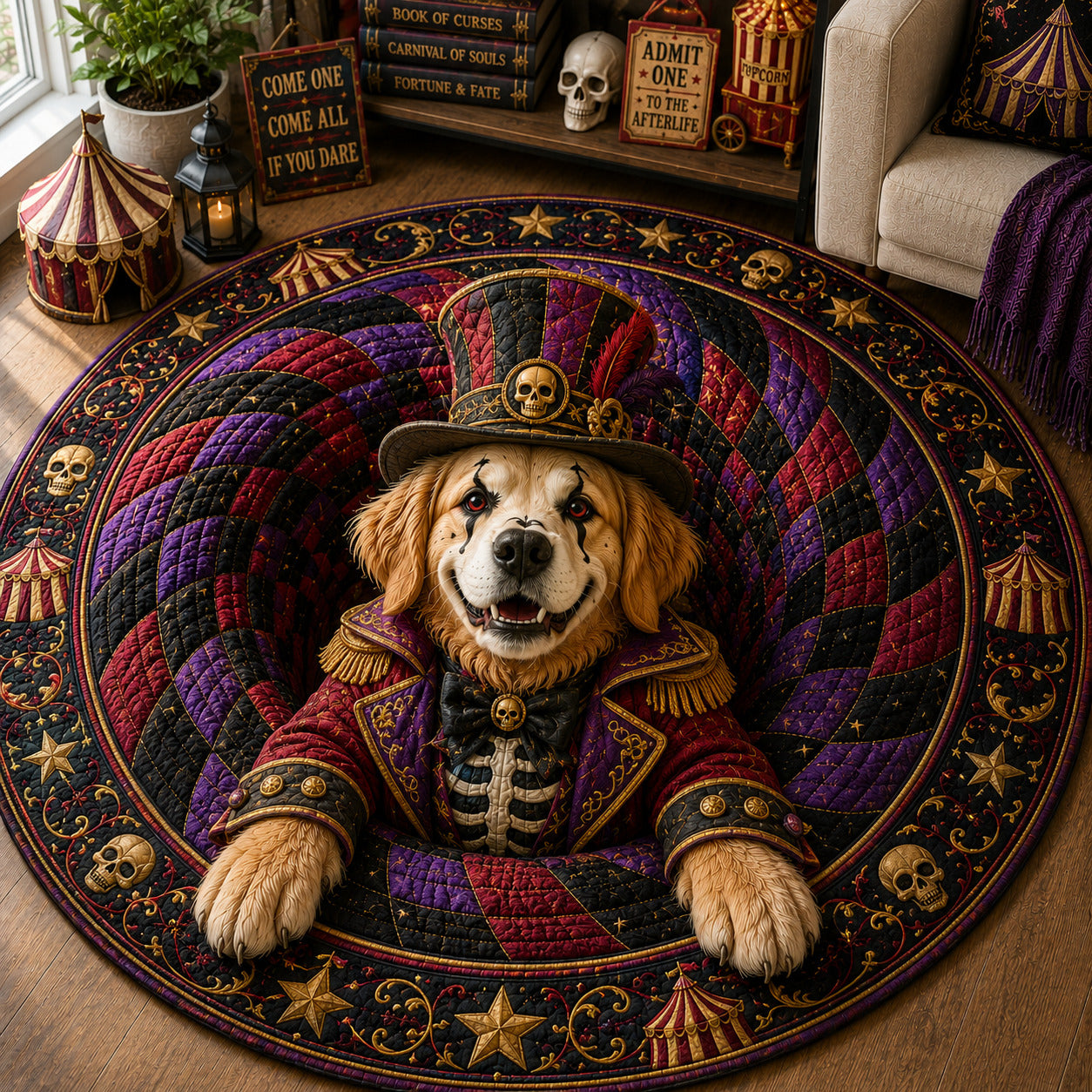 Golden Retriever Skeleton Ringmaster Vortex Quilted Round Mat GFTOLAN1575