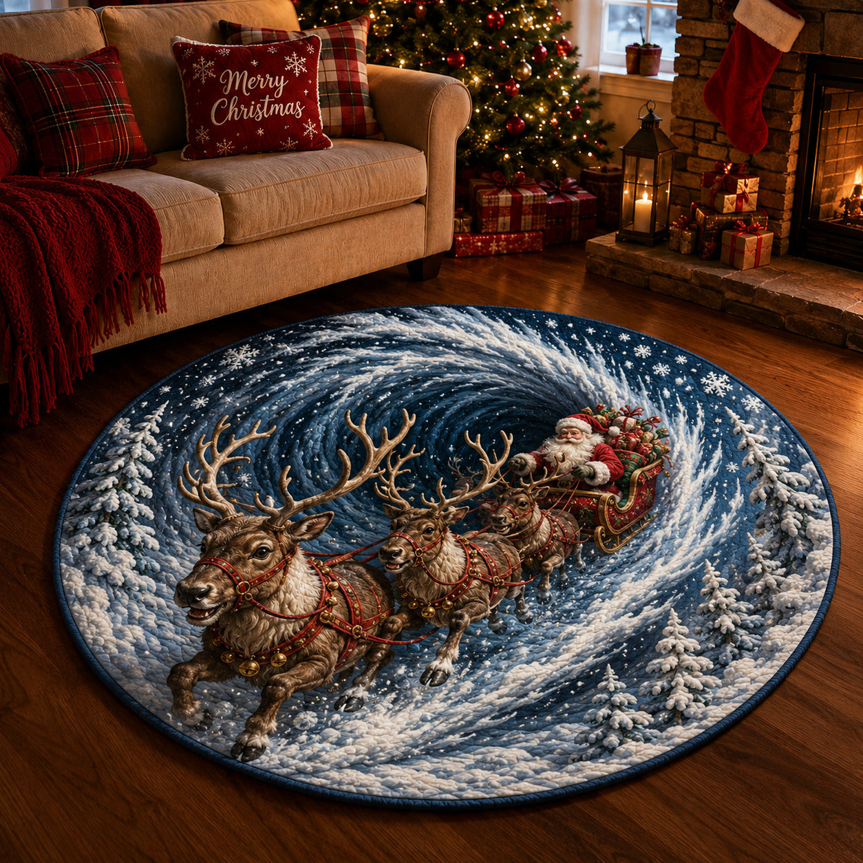 Santa Sleigh Reindeer Quilted Round Mat GFTOLAN1617