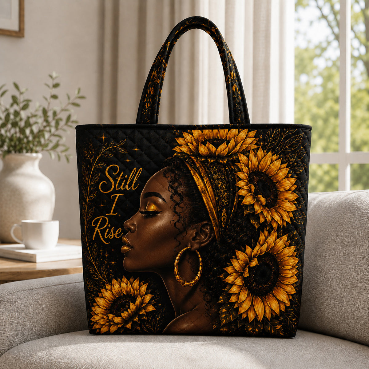 Melanin Queen Sunflower Quilted Tote Bag GFTOLAN229