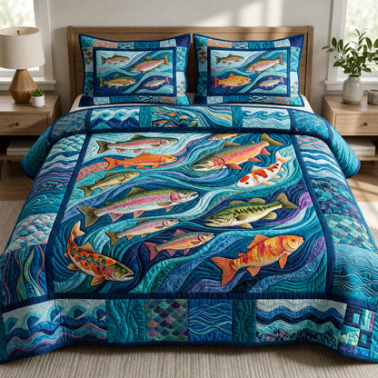 Blue Fishing 3-Piece Quilted Bedding Set GFTOLAN281