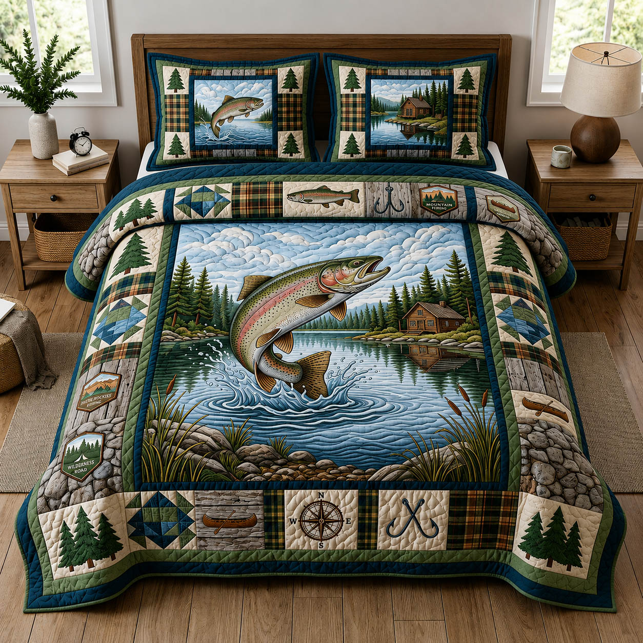 Rustic Fishing 3-Piece Quilted Bedding Set GFTOLAN282