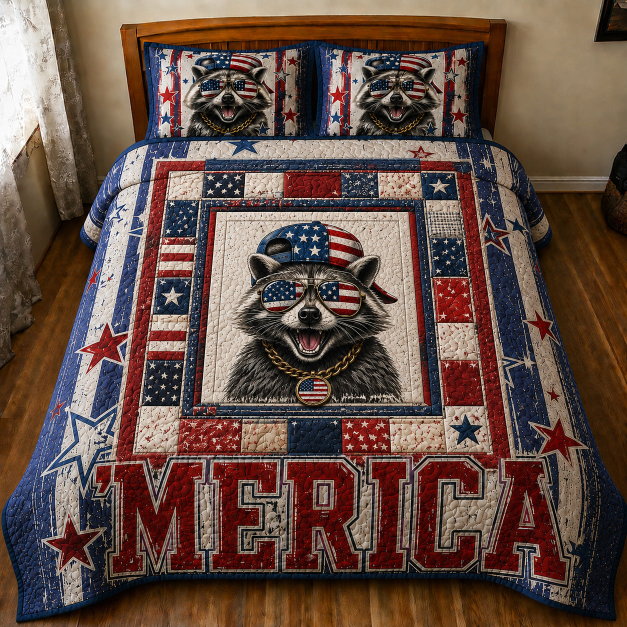 Americana raccoon 3-Piece Quilted Bedding Set GFTOLAN32