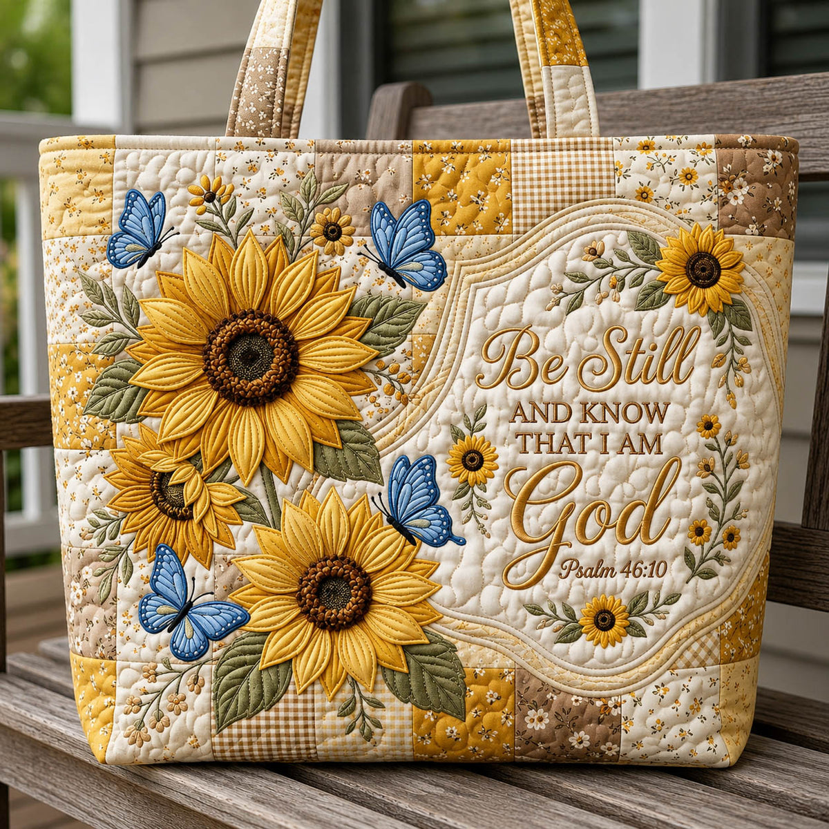 Be Still Butterfly Sunflower Quilted Tote Bag GFTOLAN357