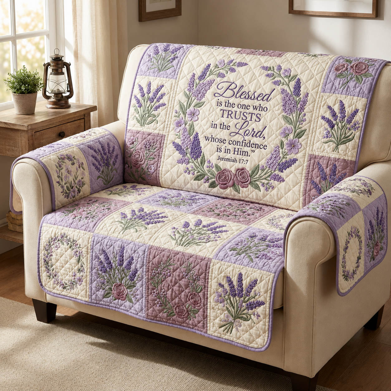 Faithful Lavender Bible Verse Quilted Sofa Cover GFTOLAN467