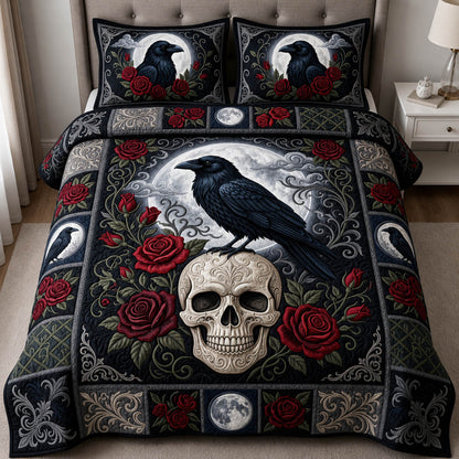 Gothic Skull Raven Rose 3-Piece Quilted Bedding Set GFTOLAN659