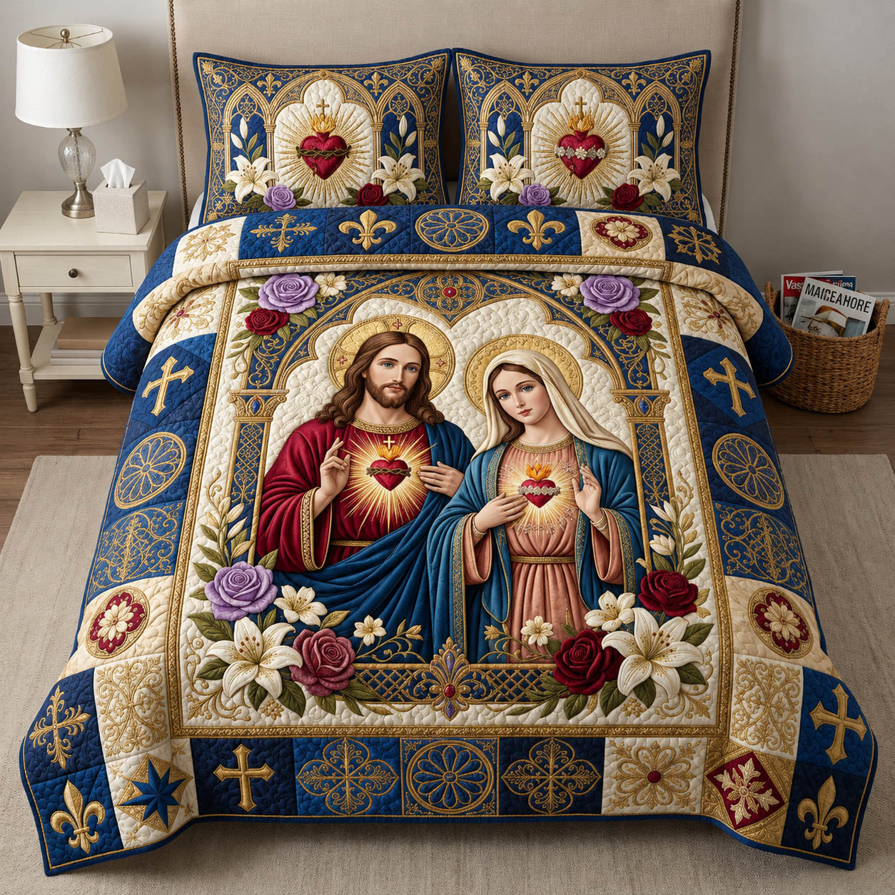 Jesus And Mary Sacred Heart 3-Piece Quilted Bedding Set GFTOLAN676