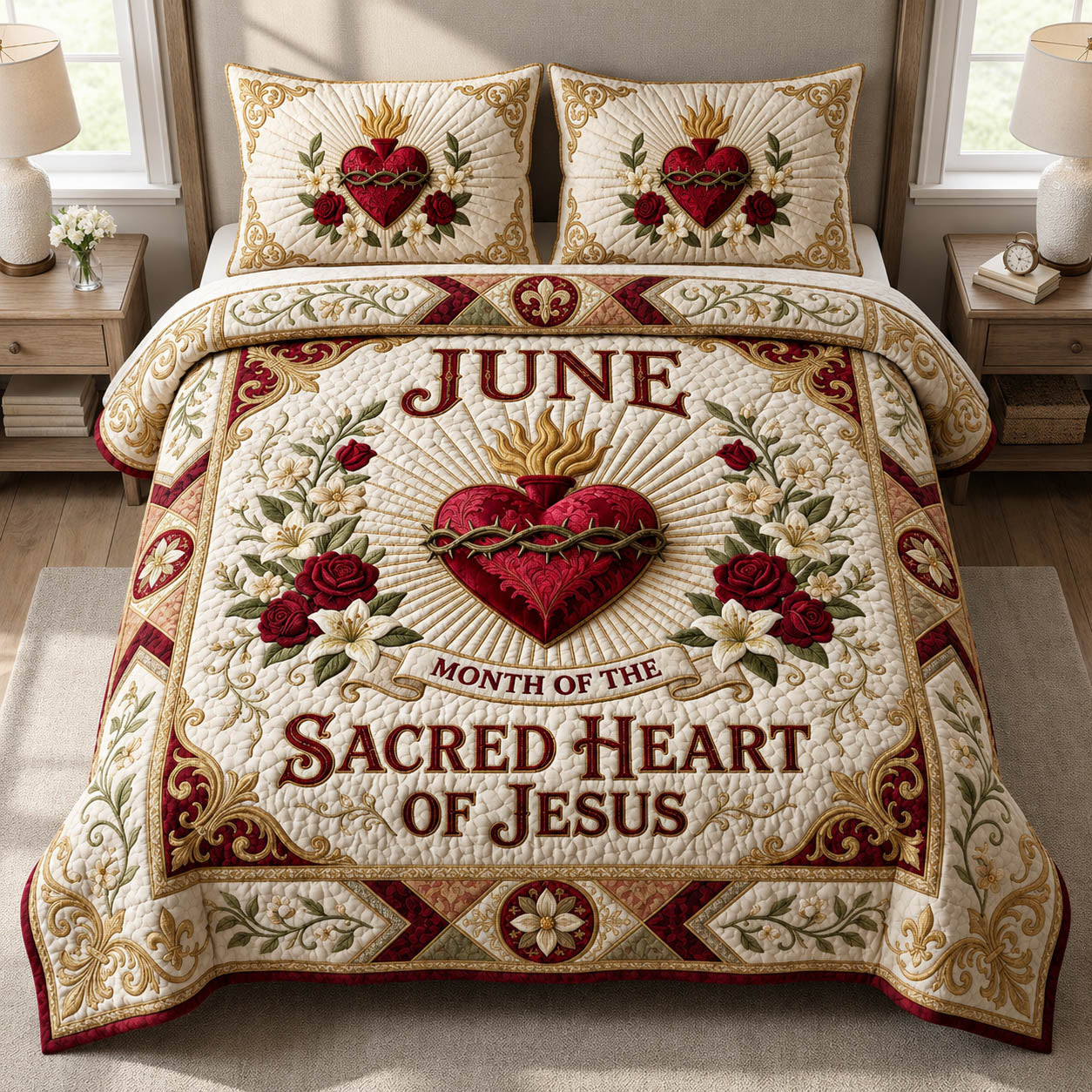 Sacred Heart Of Jesus 3-Piece Quilted Bedding Set GFTOLAN677