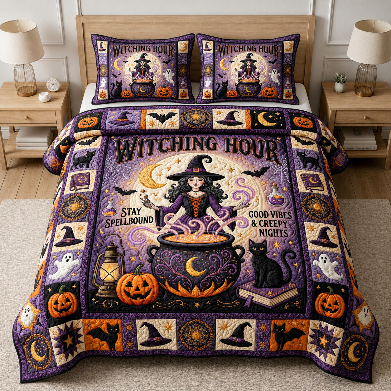 Whimsical Halloween Witch 3-Piece Quilted Bedding Set GFTOLAN707