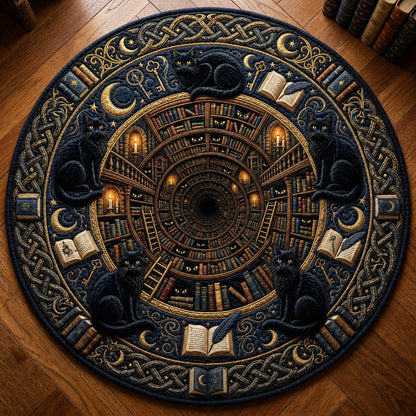 Black Cat Magical Library Quilted Round Mat GFTOLAN801