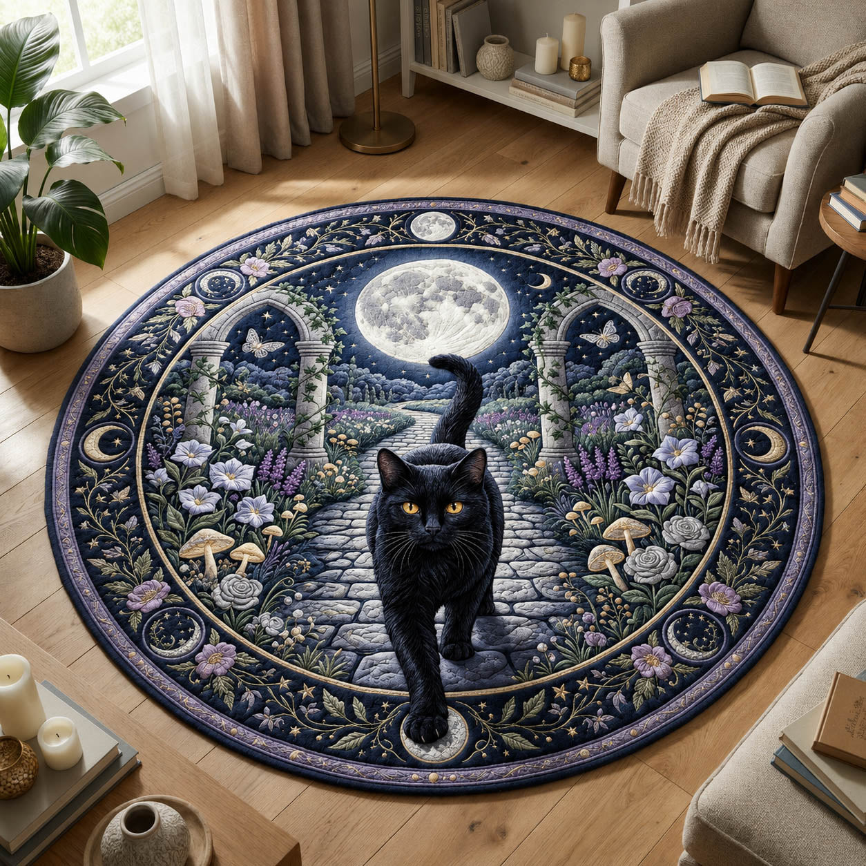 Black Cat Moon Garden Quilted Round Mat GFTOLAN802